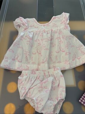 Girls Pink Toile Matching Set - Top & Bloomer